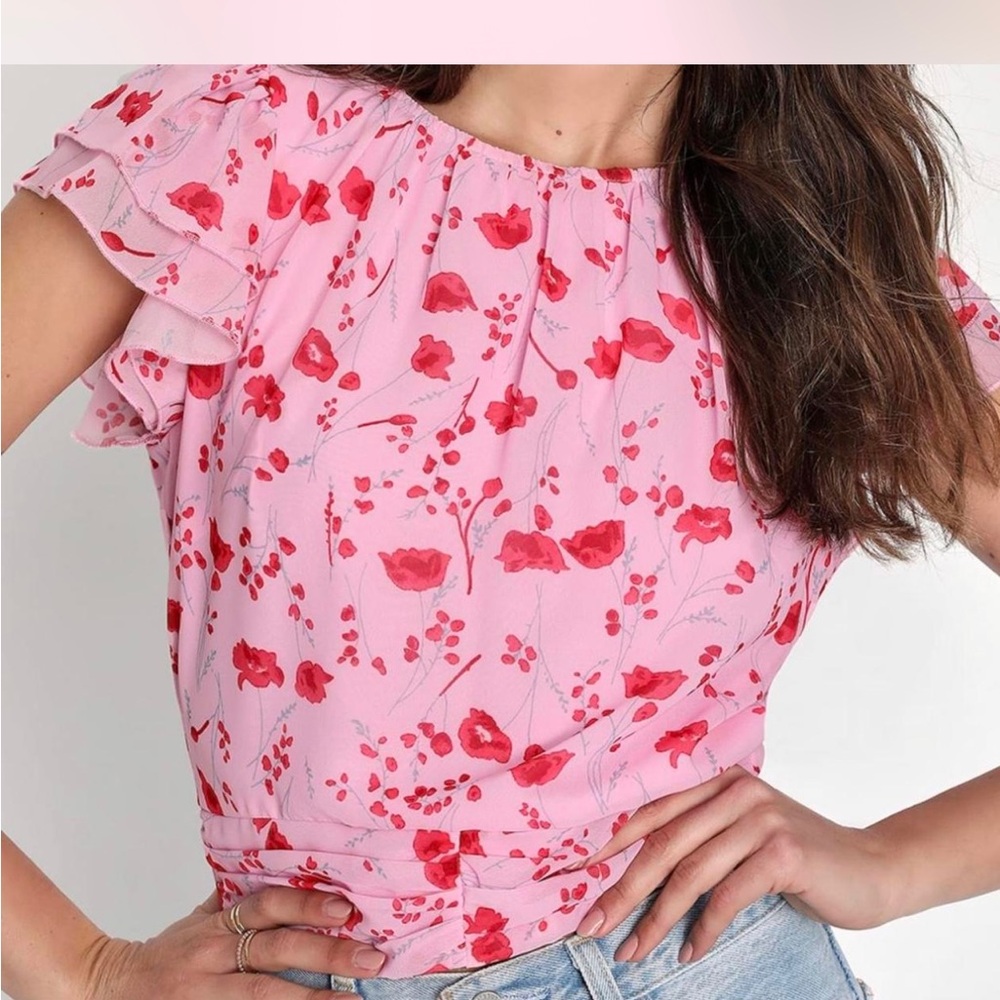 Lulu's Pink Flutter Sleeve Ruffled Blouse